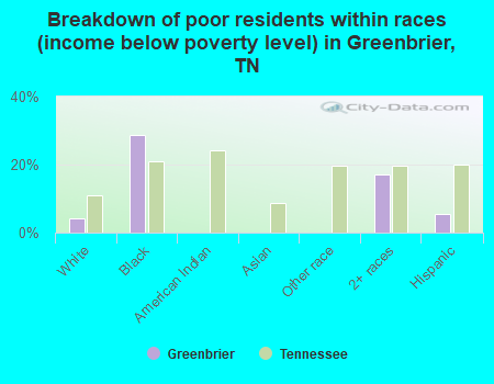 Breakdown of poor residents within races (income below poverty level) in Greenbrier, TN