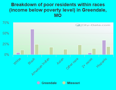 Breakdown of poor residents within races (income below poverty level) in Greendale, MO