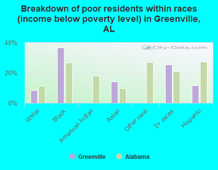 Breakdown of poor residents within races (income below poverty level) in Greenville, AL