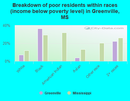 Breakdown of poor residents within races (income below poverty level) in Greenville, MS