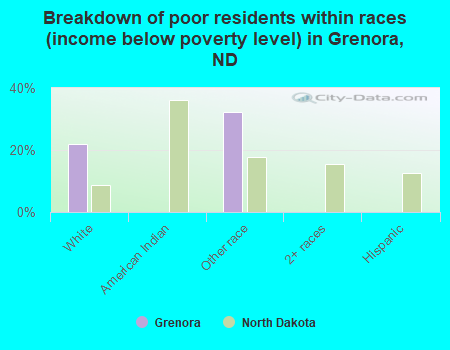 Breakdown of poor residents within races (income below poverty level) in Grenora, ND