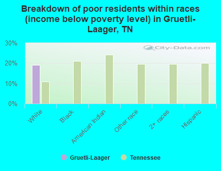 Breakdown of poor residents within races (income below poverty level) in Gruetli-Laager, TN