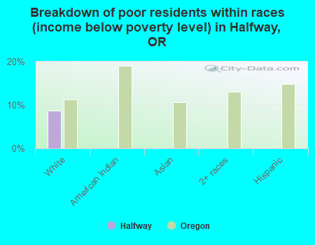 Breakdown of poor residents within races (income below poverty level) in Halfway, OR