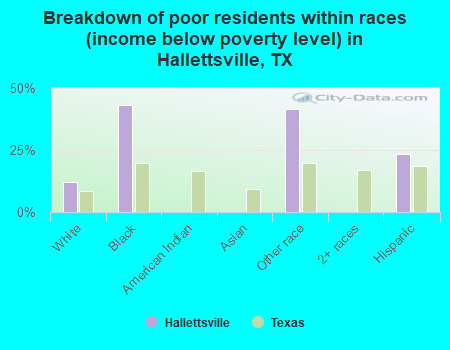 Breakdown of poor residents within races (income below poverty level) in Hallettsville, TX