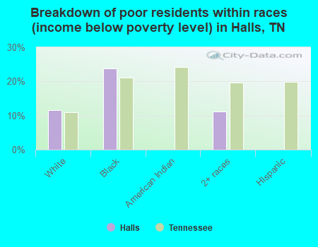 Breakdown of poor residents within races (income below poverty level) in Halls, TN