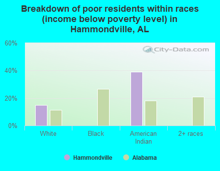 Breakdown of poor residents within races (income below poverty level) in Hammondville, AL