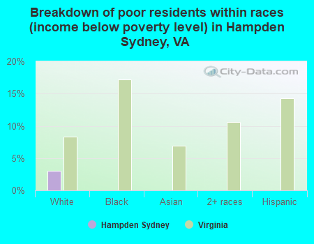 Breakdown of poor residents within races (income below poverty level) in Hampden Sydney, VA