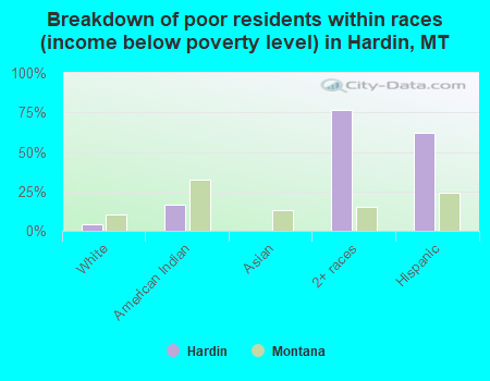 Breakdown of poor residents within races (income below poverty level) in Hardin, MT