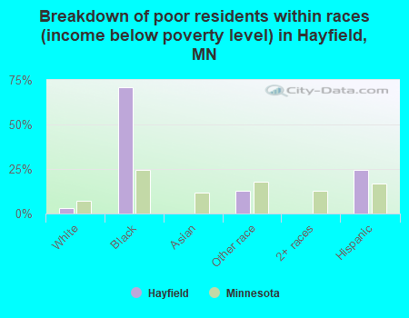 Breakdown of poor residents within races (income below poverty level) in Hayfield, MN