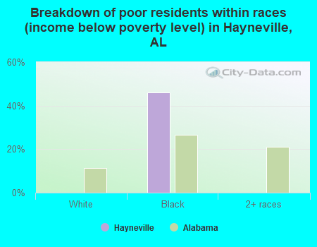 Breakdown of poor residents within races (income below poverty level) in Hayneville, AL