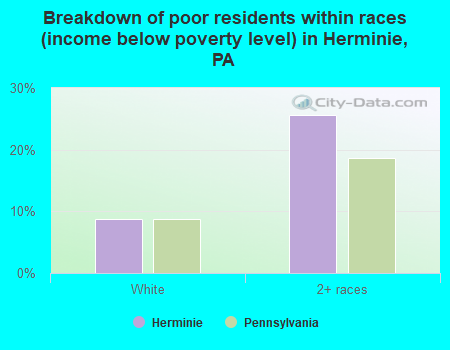 Breakdown of poor residents within races (income below poverty level) in Herminie, PA