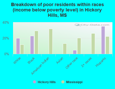Breakdown of poor residents within races (income below poverty level) in Hickory Hills, MS
