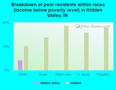 Breakdown of poor residents within races (income below poverty level) in Hidden Valley, IN