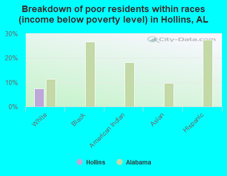 Breakdown of poor residents within races (income below poverty level) in Hollins, AL