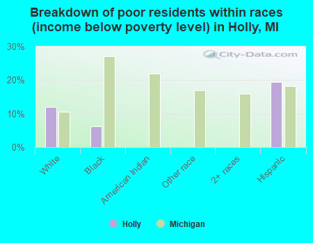 Breakdown of poor residents within races (income below poverty level) in Holly, MI