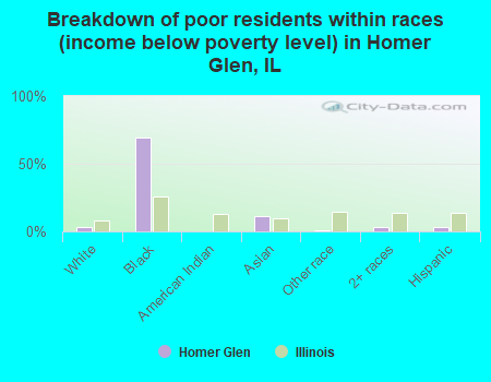 Breakdown of poor residents within races (income below poverty level) in Homer Glen, IL