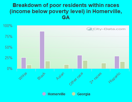 Breakdown of poor residents within races (income below poverty level) in Homerville, GA