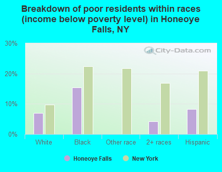 Breakdown of poor residents within races (income below poverty level) in Honeoye Falls, NY