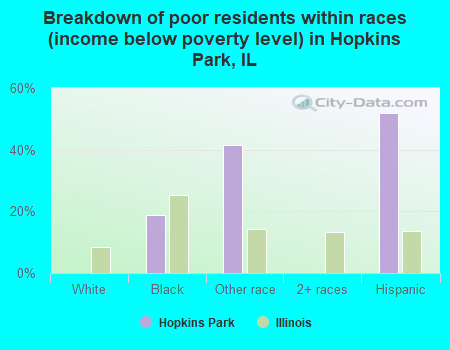 Breakdown of poor residents within races (income below poverty level) in Hopkins Park, IL