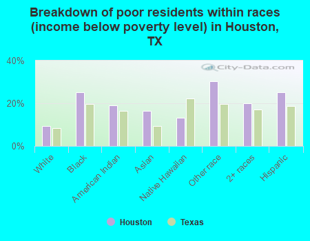 Breakdown of poor residents within races (income below poverty level) in Houston, TX