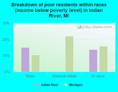Breakdown of poor residents within races (income below poverty level) in Indian River, MI