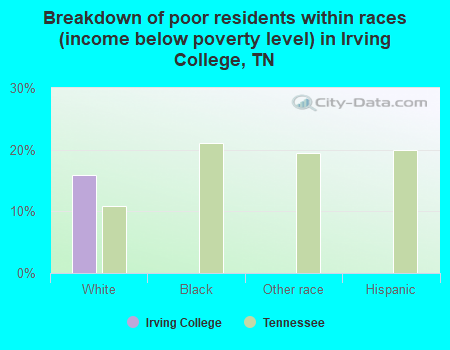 Breakdown of poor residents within races (income below poverty level) in Irving College, TN