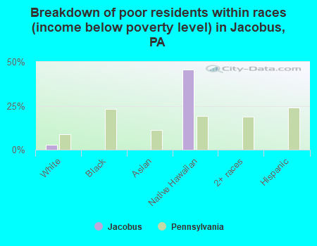 Breakdown of poor residents within races (income below poverty level) in Jacobus, PA