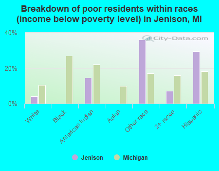 Breakdown of poor residents within races (income below poverty level) in Jenison, MI