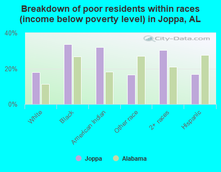 Breakdown of poor residents within races (income below poverty level) in Joppa, AL