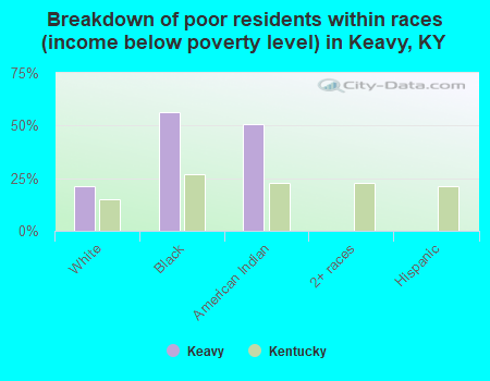 Breakdown of poor residents within races (income below poverty level) in Keavy, KY