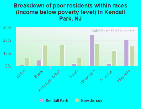 Breakdown of poor residents within races (income below poverty level) in Kendall Park, NJ