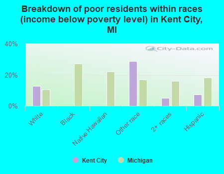 Breakdown of poor residents within races (income below poverty level) in Kent City, MI