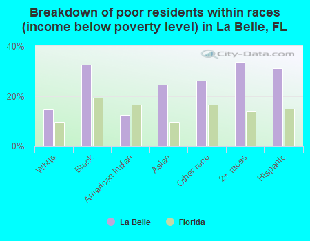 Breakdown of poor residents within races (income below poverty level) in La Belle, FL