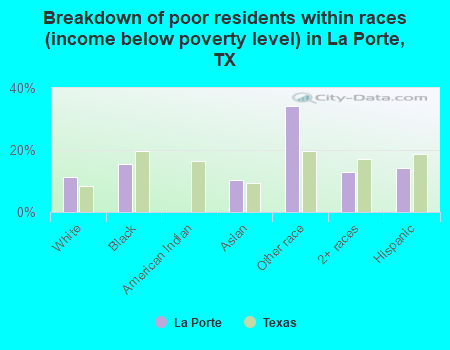 Breakdown of poor residents within races (income below poverty level) in La Porte, TX