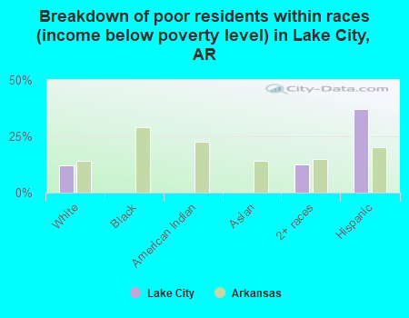 Breakdown of poor residents within races (income below poverty level) in Lake City, AR
