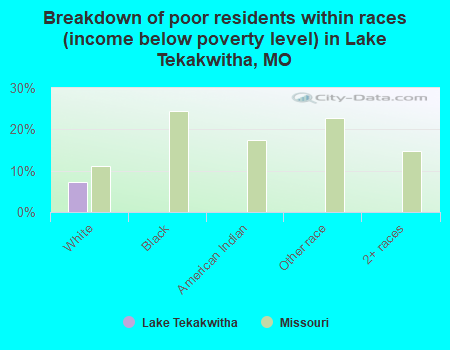 Breakdown of poor residents within races (income below poverty level) in Lake Tekakwitha, MO