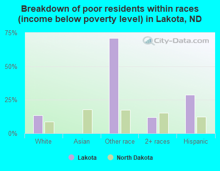 Breakdown of poor residents within races (income below poverty level) in Lakota, ND