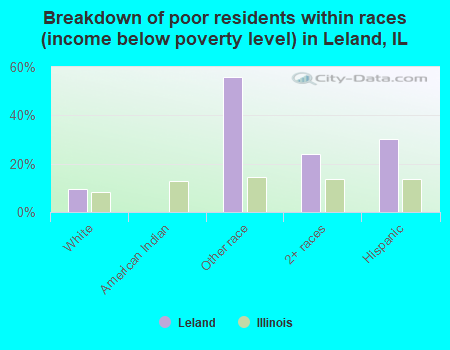 Breakdown of poor residents within races (income below poverty level) in Leland, IL