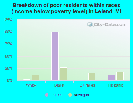 Breakdown of poor residents within races (income below poverty level) in Leland, MI