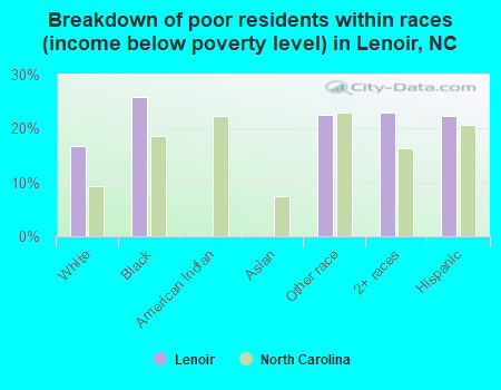 Breakdown of poor residents within races (income below poverty level) in Lenoir, NC
