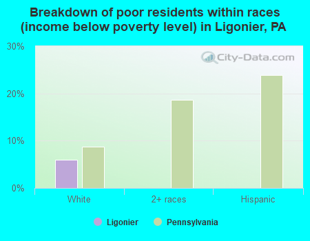 Breakdown of poor residents within races (income below poverty level) in Ligonier, PA
