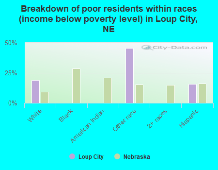 Breakdown of poor residents within races (income below poverty level) in Loup City, NE