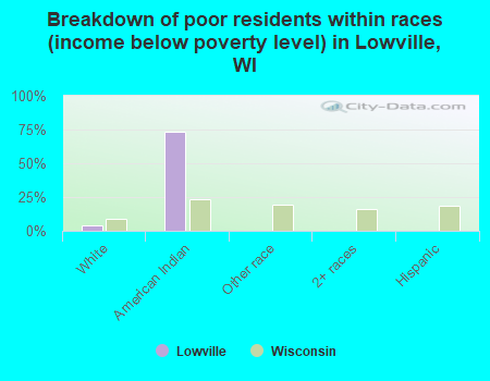 Breakdown of poor residents within races (income below poverty level) in Lowville, WI