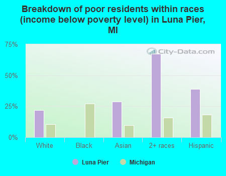 Breakdown of poor residents within races (income below poverty level) in Luna Pier, MI