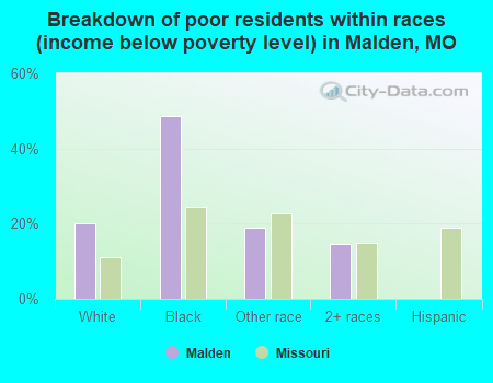 Breakdown of poor residents within races (income below poverty level) in Malden, MO