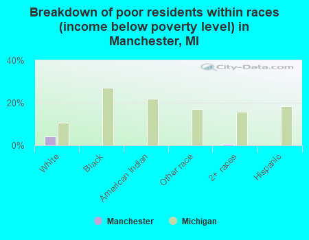 Breakdown of poor residents within races (income below poverty level) in Manchester, MI