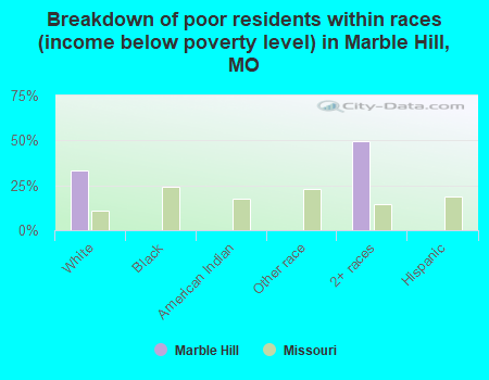 Breakdown of poor residents within races (income below poverty level) in Marble Hill, MO