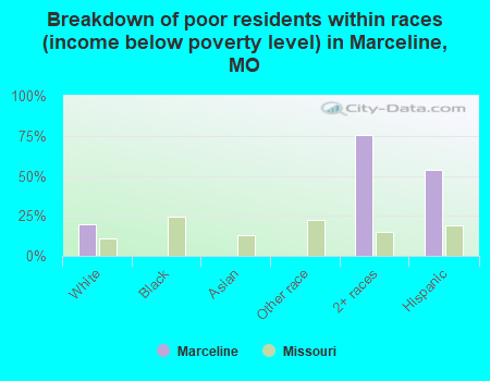 Breakdown of poor residents within races (income below poverty level) in Marceline, MO