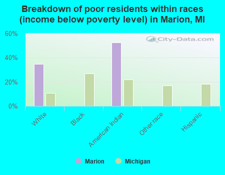 Breakdown of poor residents within races (income below poverty level) in Marion, MI