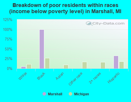 Breakdown of poor residents within races (income below poverty level) in Marshall, MI